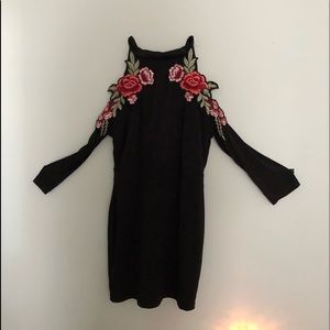 long sleeve open shoulder black dress w/ roses